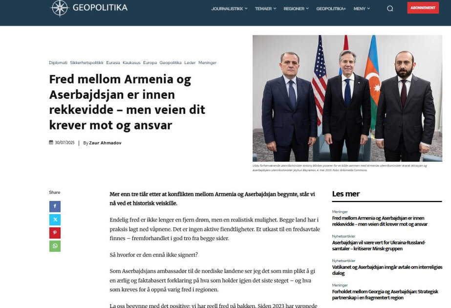 Norwegian publication highlights prospects of peace agreement between Azerbaijan and Armenia